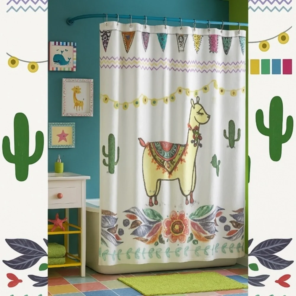 Llama Boho Fabric Shower Curtain Extra Long 71x74 White Bathroom Decor